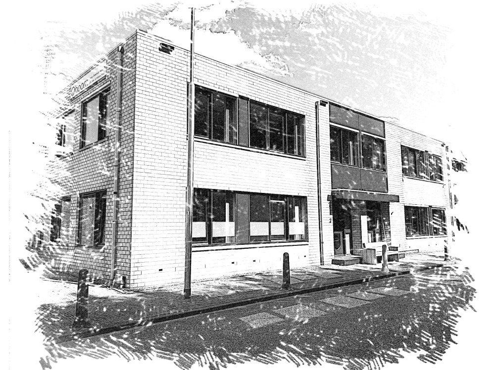 Zwart-witillustratie van het kantoorpand Het Waaltje aan de Jan Tomstraat